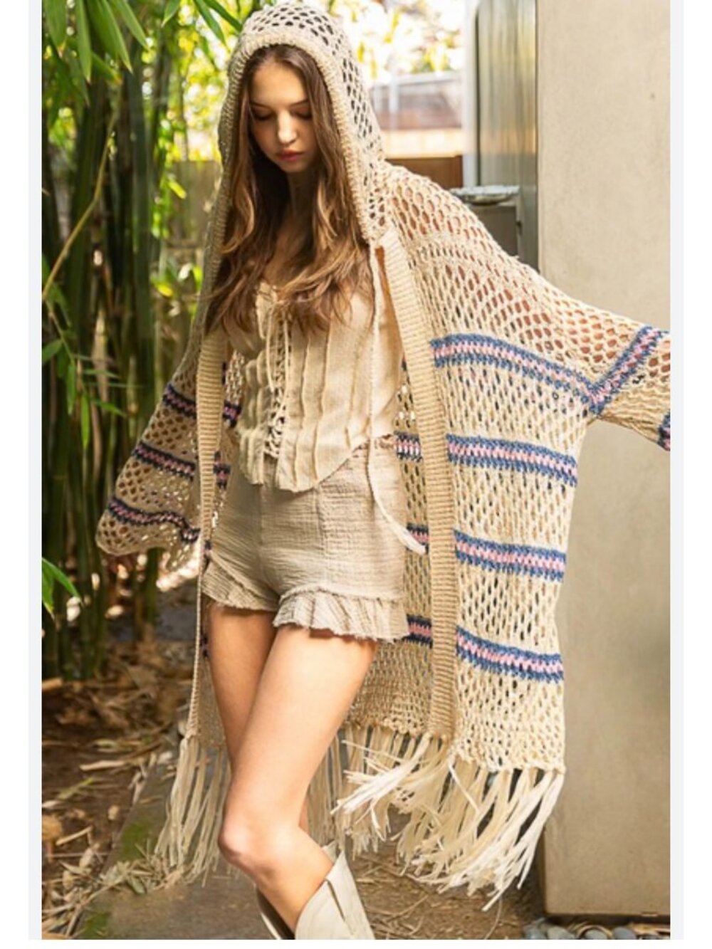 POL Open-Knit Hooded Fringe Oversized Cardigan Coverup Blue/Pink Striped Size M
